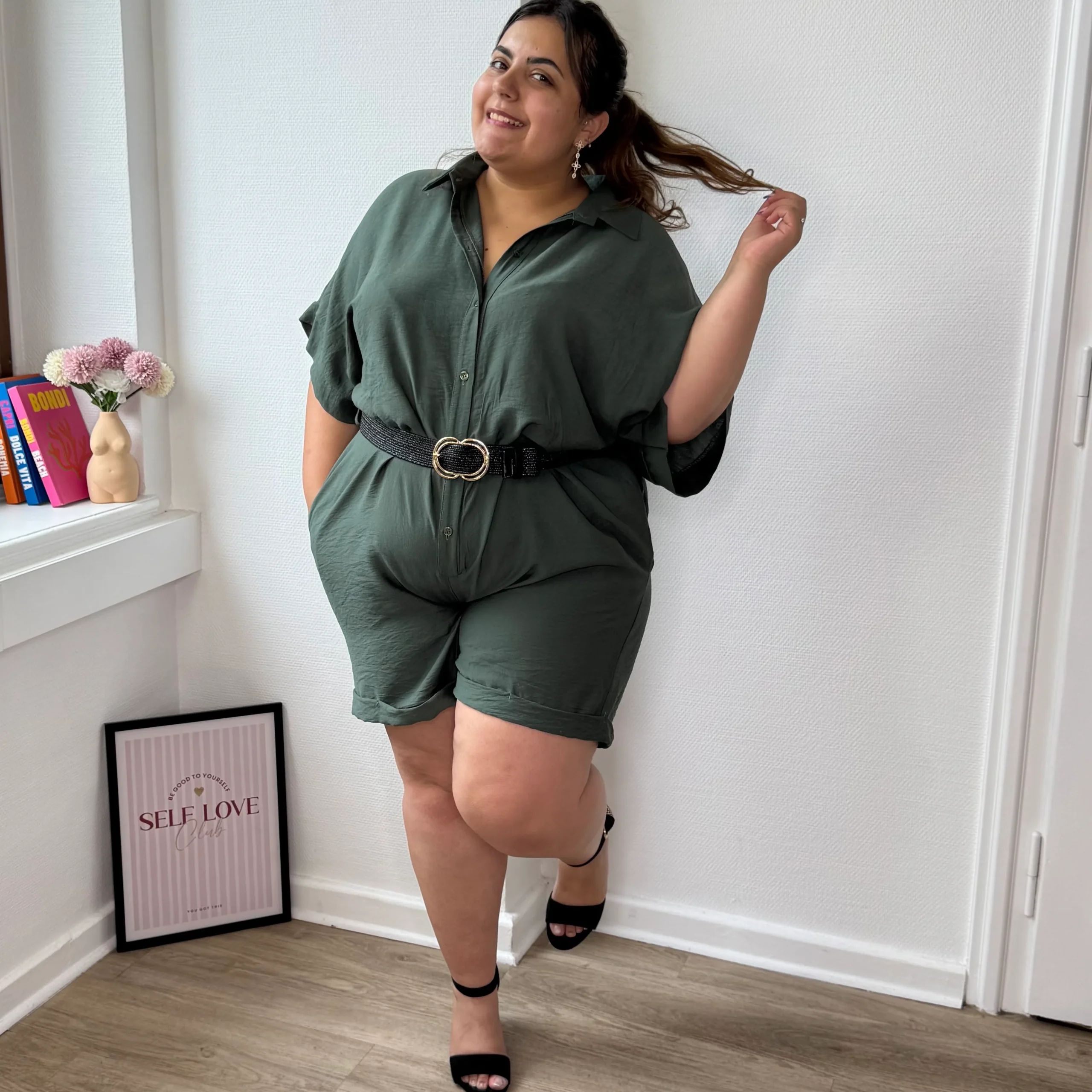 Combishort col chemise kaki