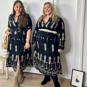 Robe chemise longue noire à imprimé doré