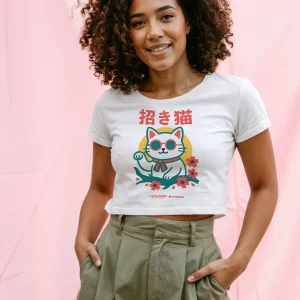 Crop-top Femme – Maneki-Neko Floral – Coton Bio Premium