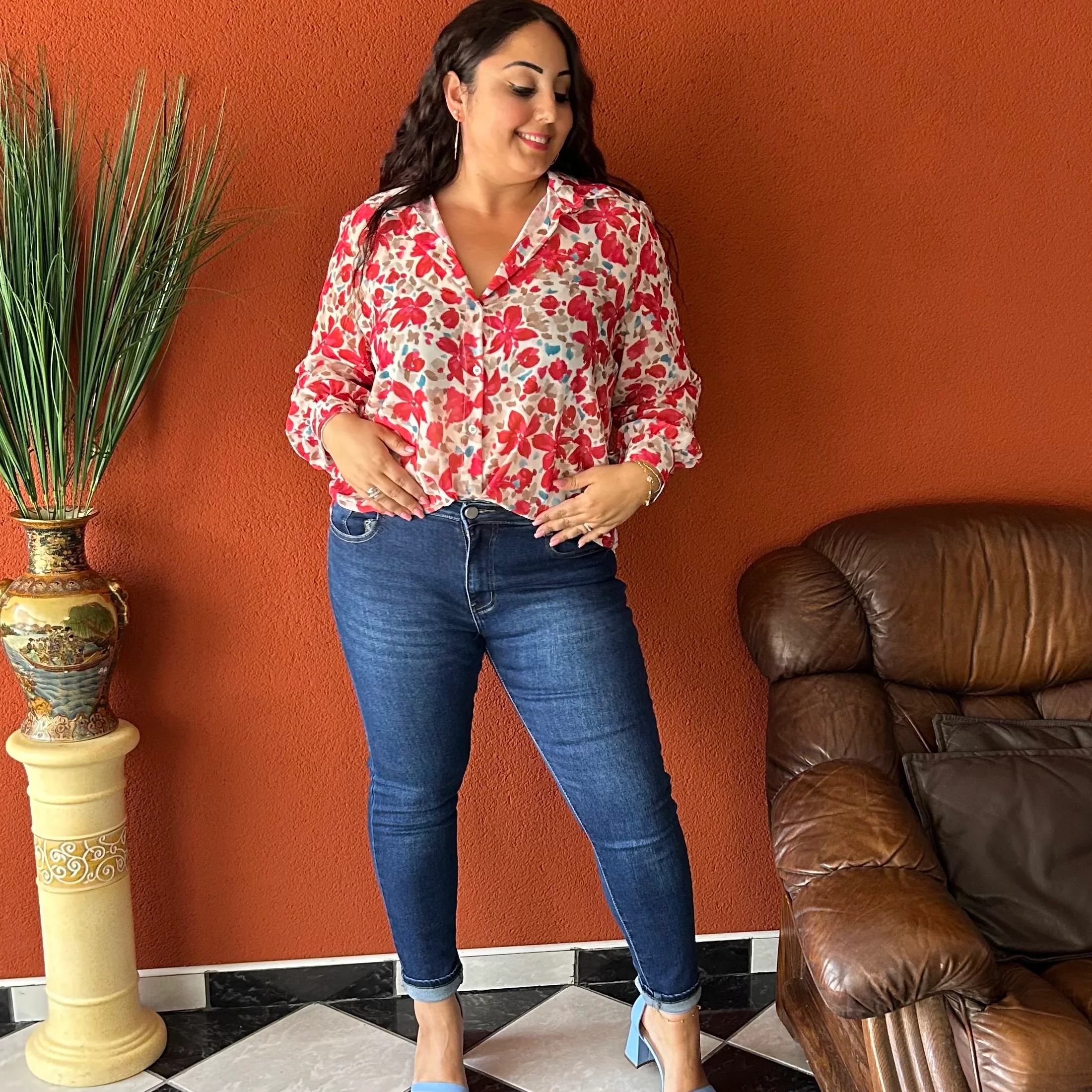 Jean taille mi-haute en denim bleu brut