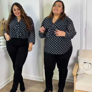 Blouse à pois et noeud noir et blanc