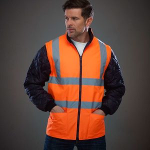 Hi-vis quilted jacket with detachable sleeves