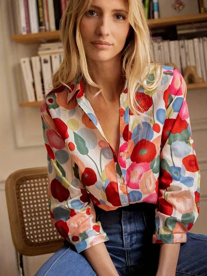 Blouse femme colorée à motifs floraux manches longues – Image 2