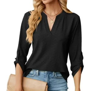 Blouse Femme Élégante Col V et Manches Longues