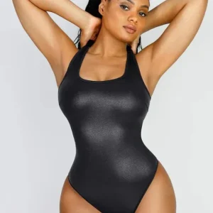 Body en simili cuir gainant avec contrôle du ventre extensible