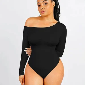 Body en dentelle à une épaule à manches longues