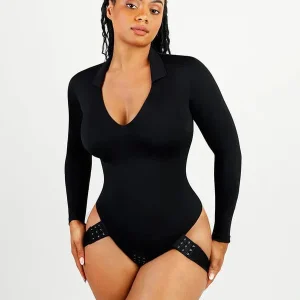 Body sculptant à manches longues avec décolleté en V plongeant et string