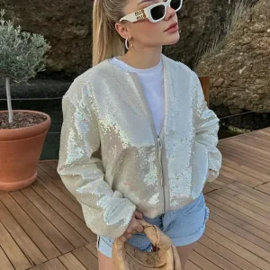 Bomber femme scintillant ivoire avec sequins et fermeture éclair