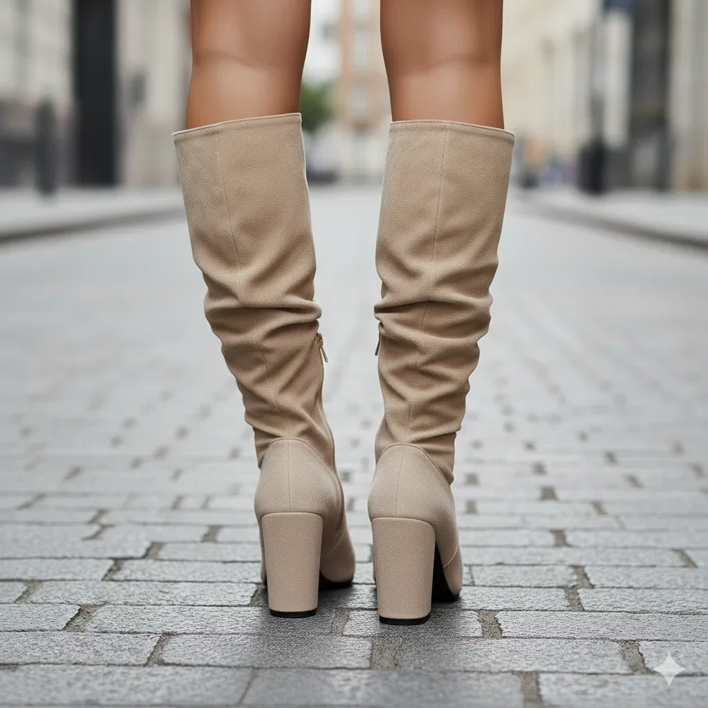 Bottes genou talon bloc style plissé modernes femmes – Image 4