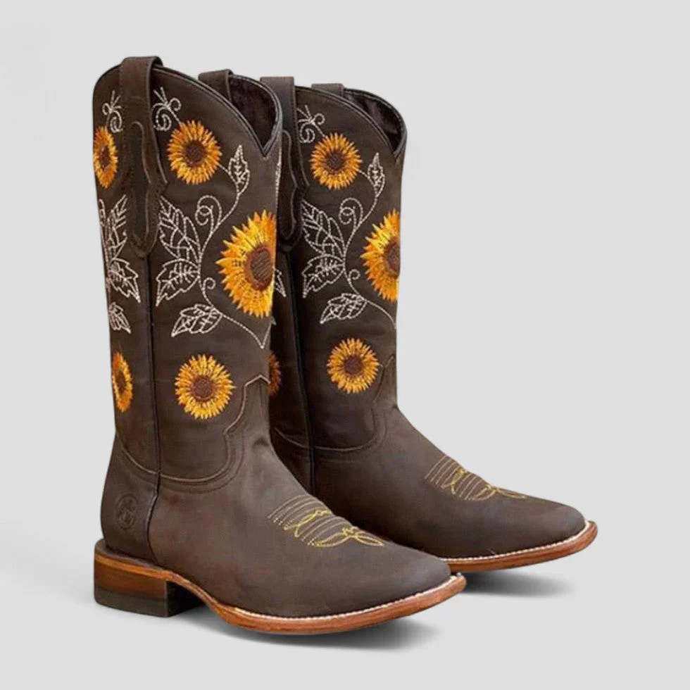 Bottes western femme brodées florales avec talon bas