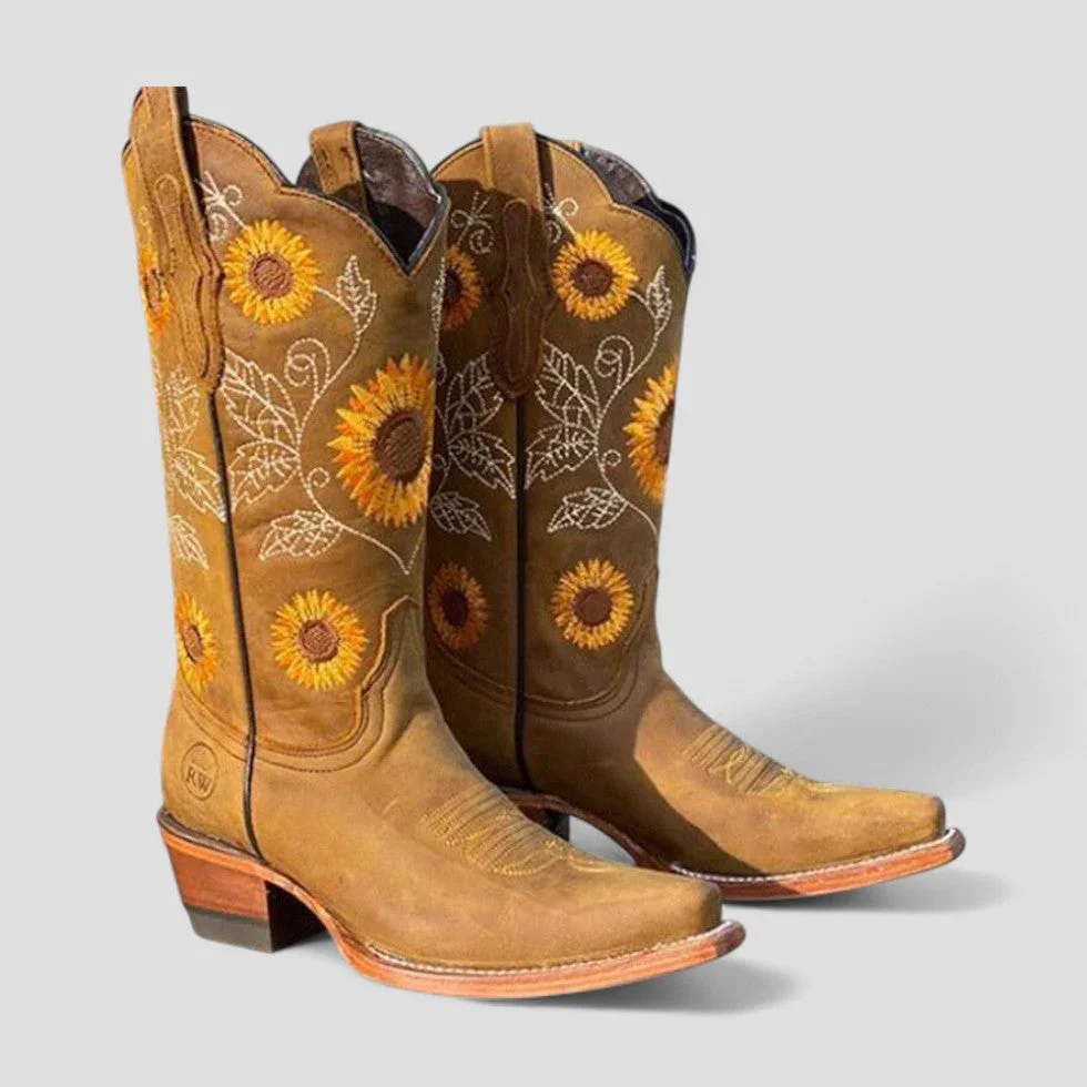 Bottes western femme brodées florales avec talon bas – Image 4