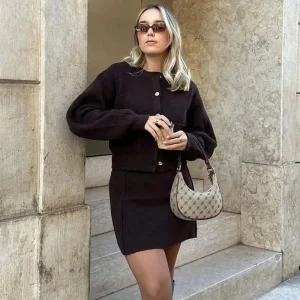 Cardigan femme brun en tricot avec poches pratiques