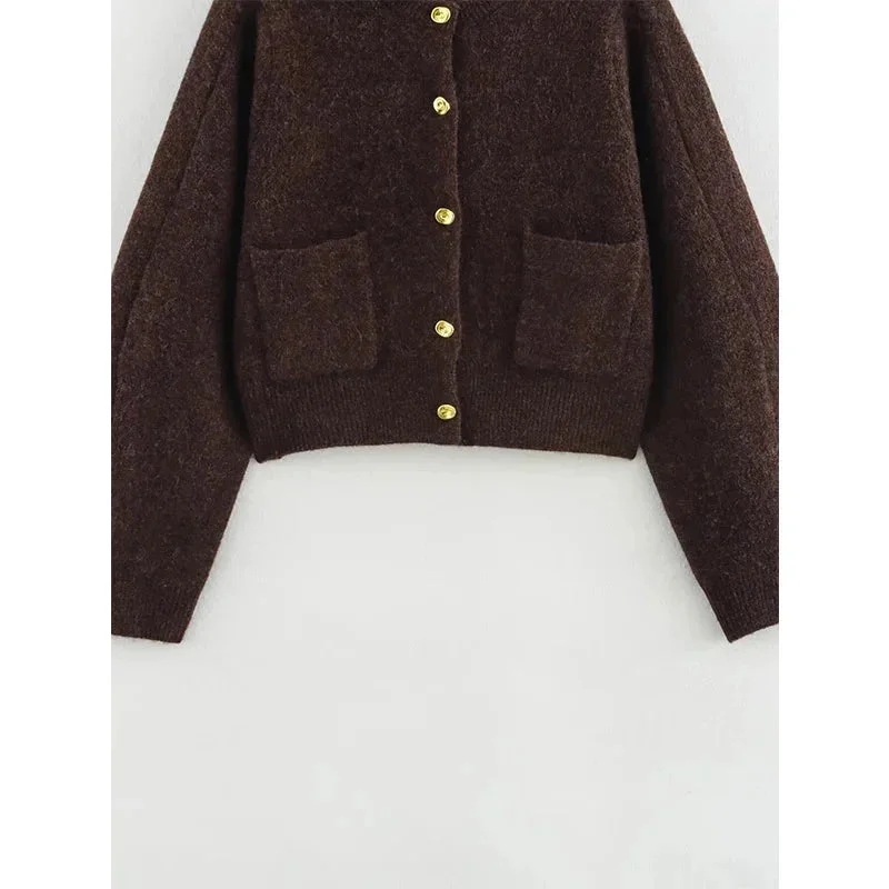 Cardigan femme brun en tricot avec poches pratiques – Image 7