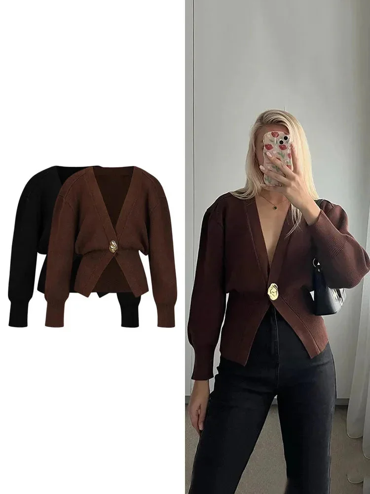 Cardigan femme col en V boutons dorés – Image 3