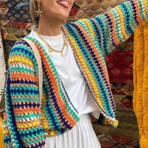 Cardigan femme en maille à rayures arc-en-ciel