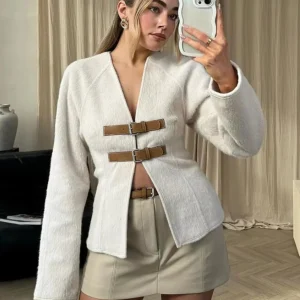 Cardigan femme moderne avec sangles beiges