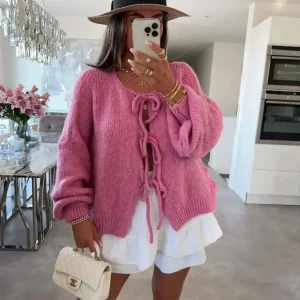 Cardigan femme noué manches amples tricotées