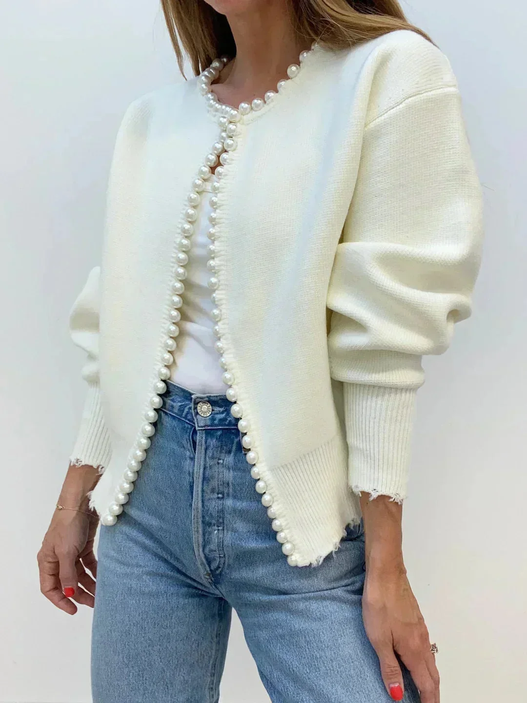 Cardigan femme ouvert avec bordure perles élégante – Image 3