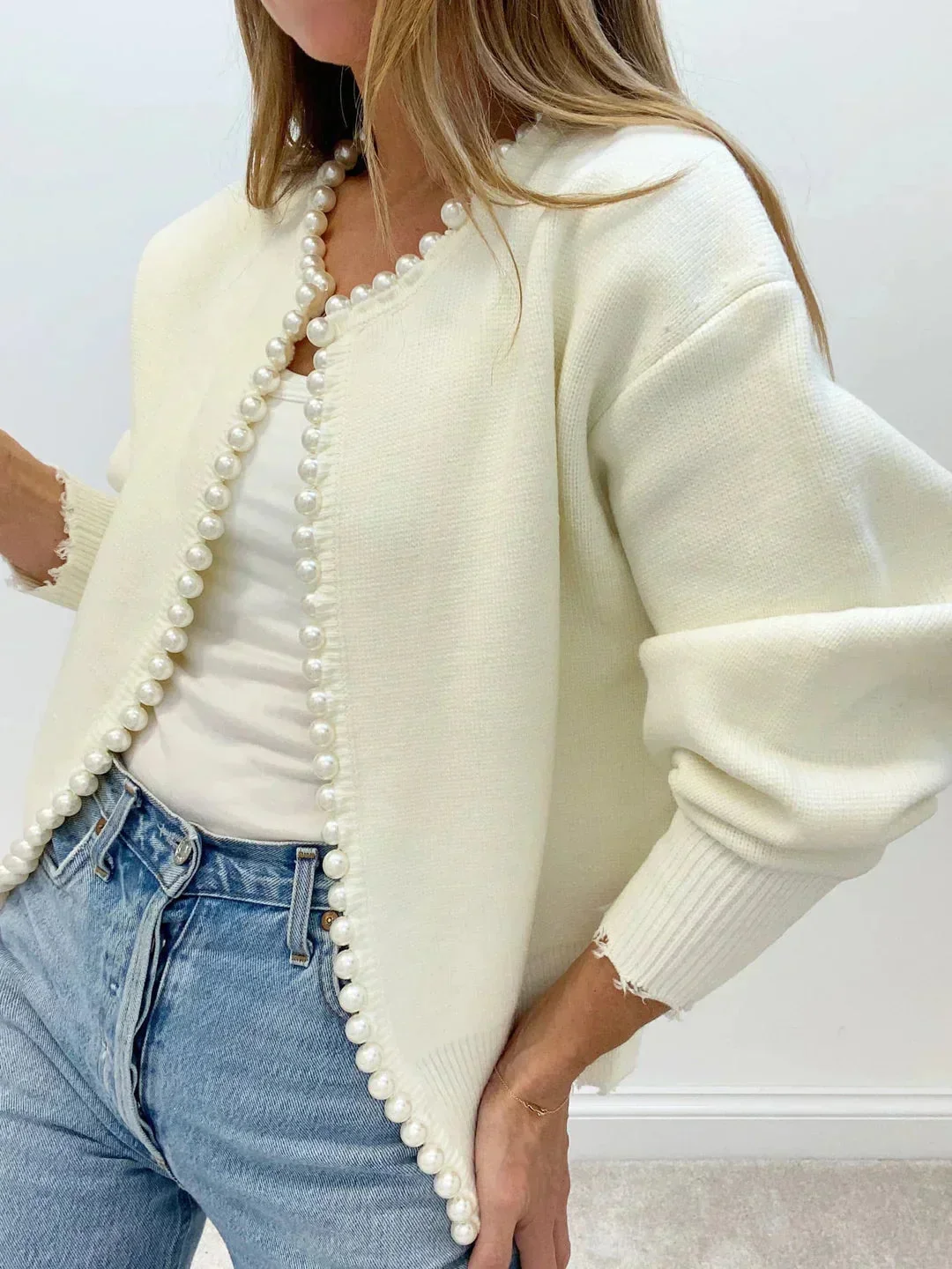 Cardigan femme ouvert avec bordure perles élégante – Image 2