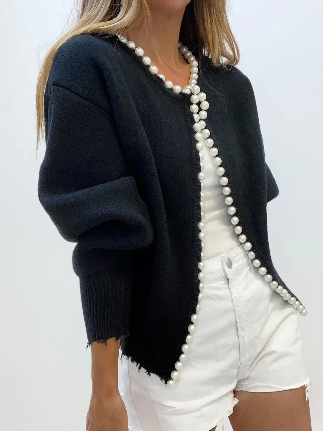 Cardigan femme ouvert avec bordure perles élégante – Image 7
