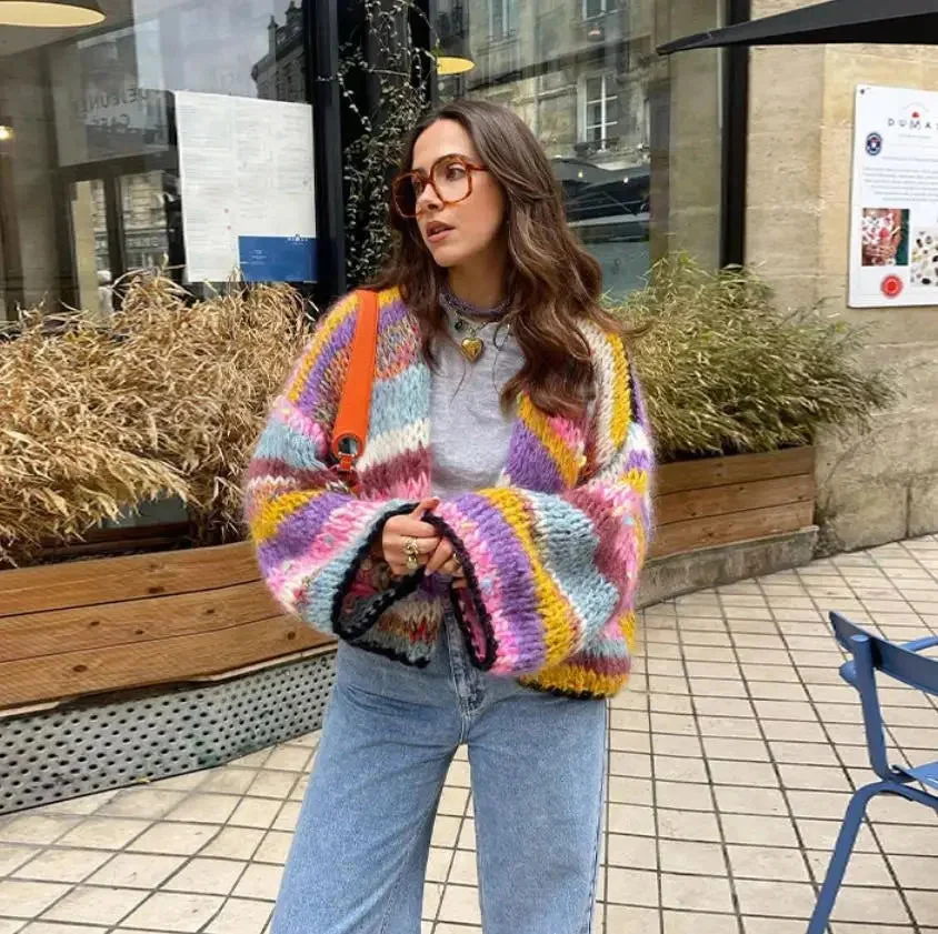 Cardigan femme à rayures colorées manches larges