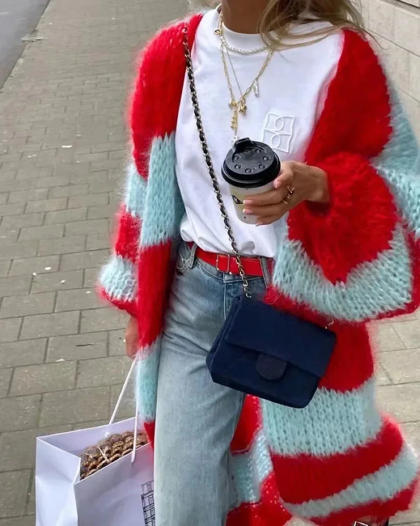 Cardigan long femme à rayures design contemporain – Image 4