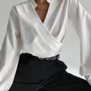 Chemisier femme col en V manches longues ajustées