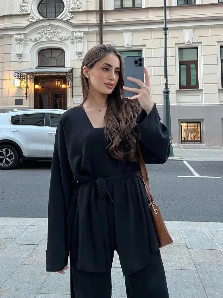 Ensemble cardigan ceinturé et pantalon tricoté femme – Image 3