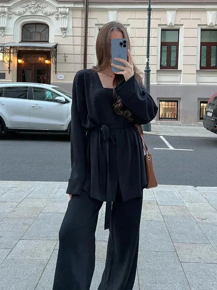 Ensemble cardigan ceinturé et pantalon tricoté femme – Image 4