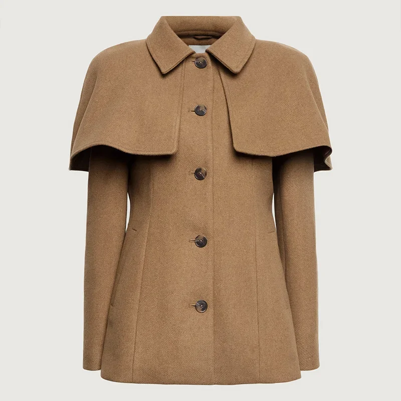 Manteau femme avec cape et taille ajustée camel – Image 8