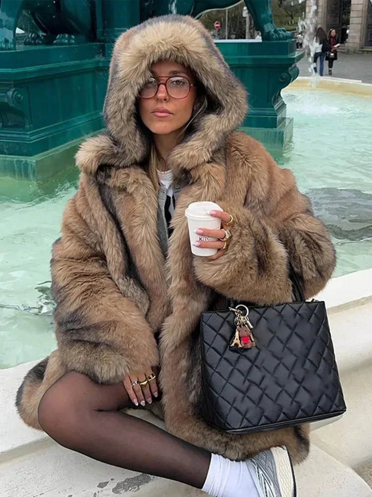 Manteau Femme Long Marron avec Capuche Doublée – Image 3