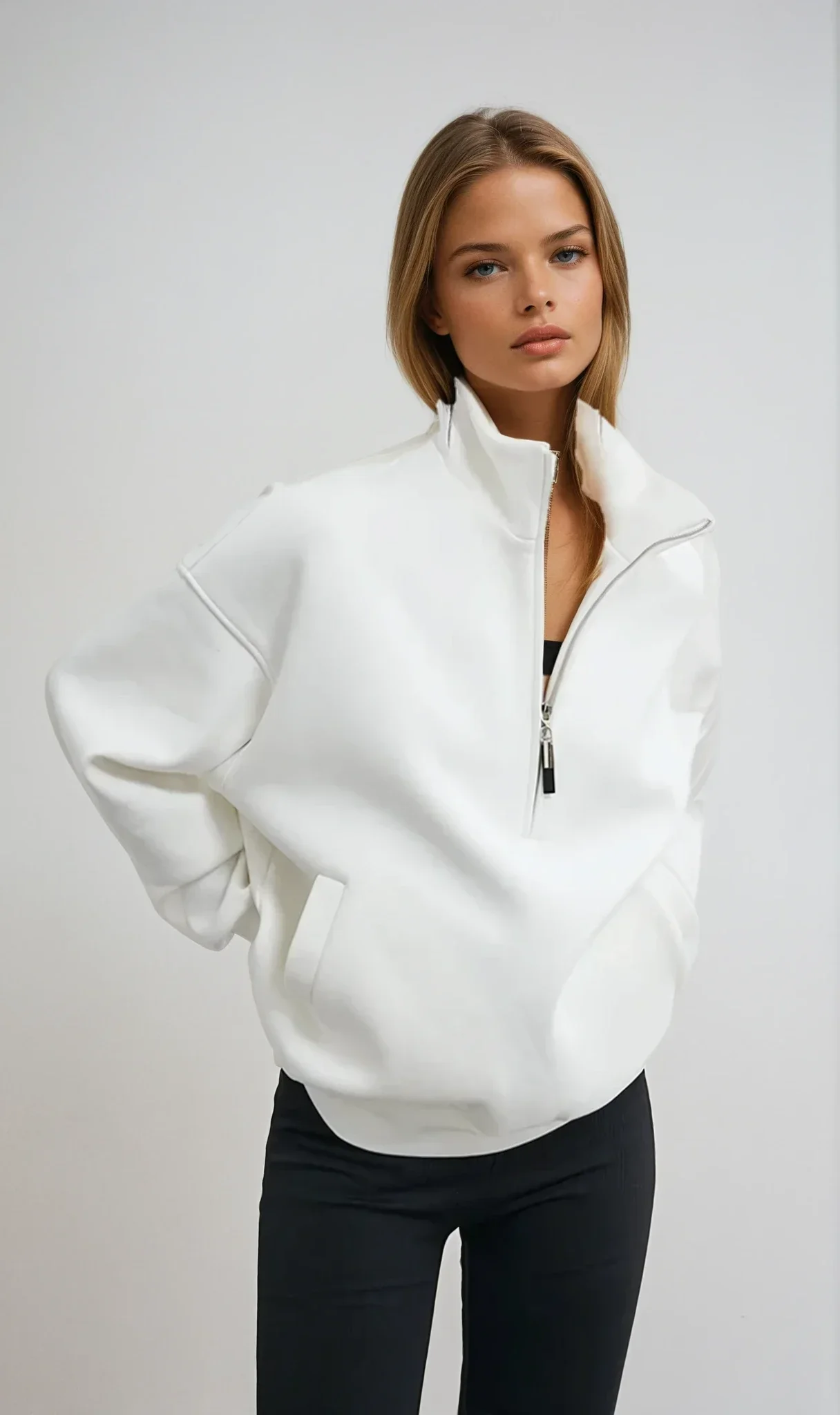 Pull à capuche femme demi-zip oversize blanc en coton
