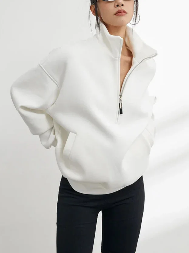 Pull à capuche femme demi-zip oversize blanc en coton – Image 4