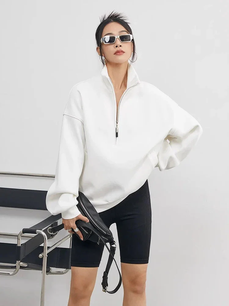 Pull à capuche femme demi-zip oversize blanc en coton – Image 6