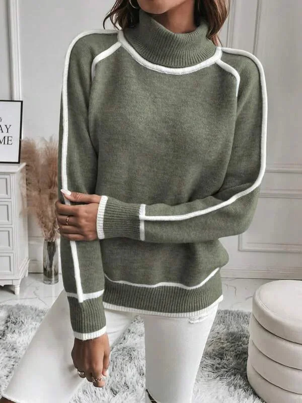 Pull col roulé femme olive avec accents blancs – Image 4