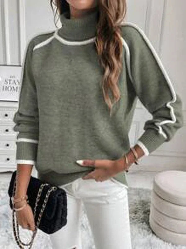 Pull col roulé femme olive avec accents blancs – Image 5