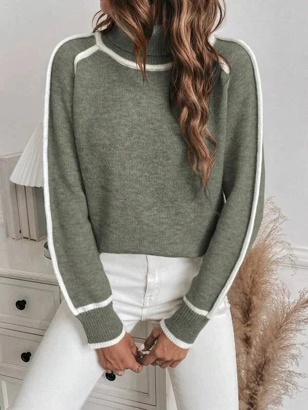 Pull col roulé femme olive avec accents blancs – Image 3