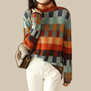 Pull à col roulé patchwork multicolore femme