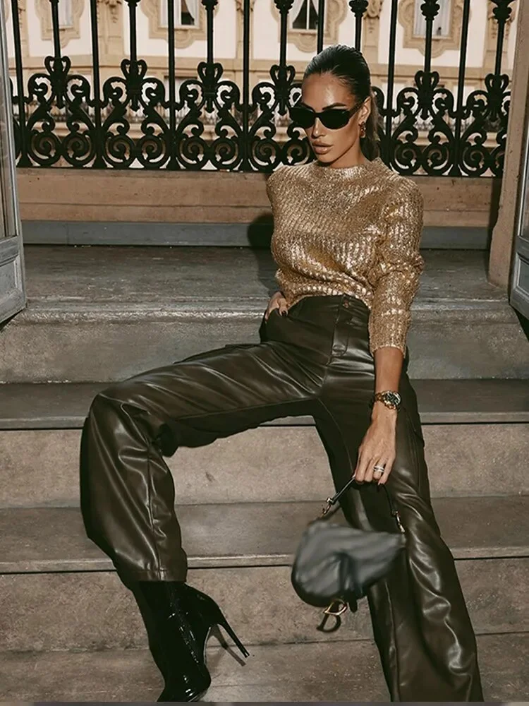 Pull femme doré scintillant à manches longues – Image 5