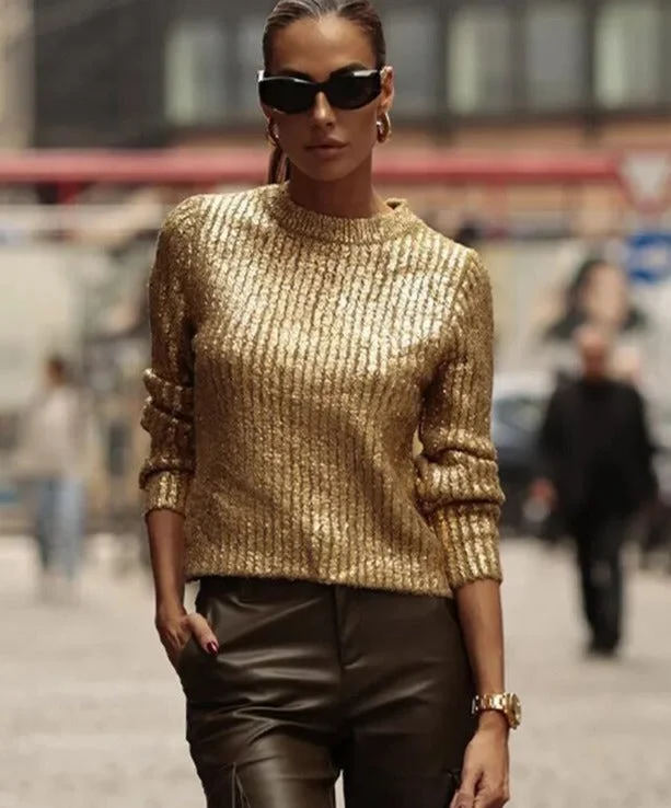 Pull femme doré scintillant à manches longues – Image 3