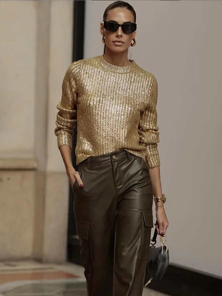 Pull femme doré scintillant à manches longues – Image 4