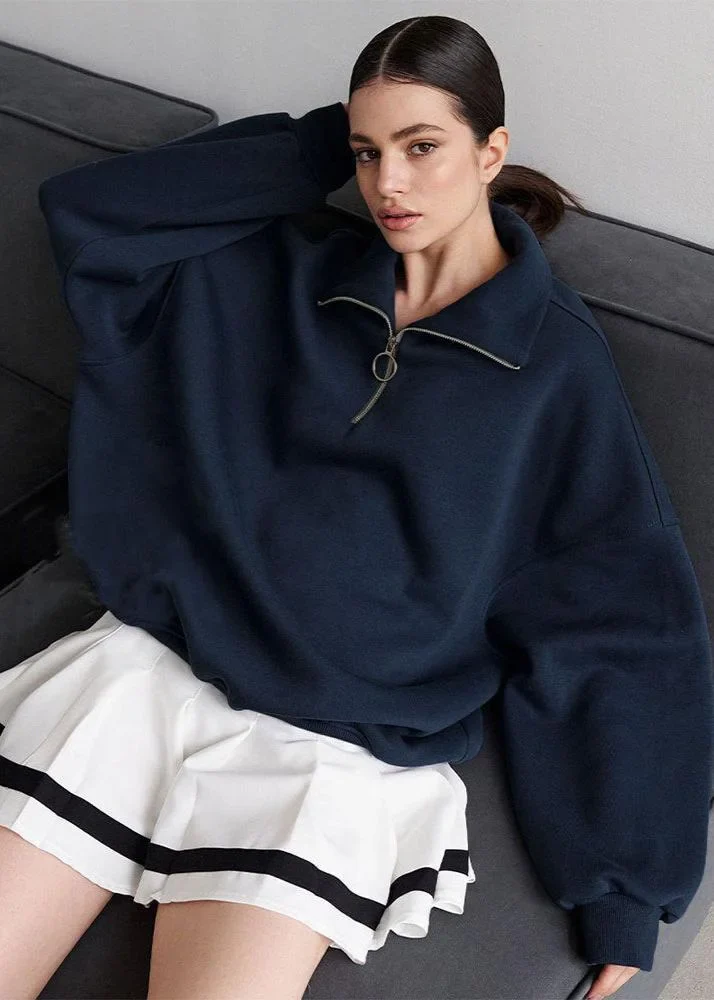 Pull à fermeture éclair bleu marine avec coupe décontractée – Image 6