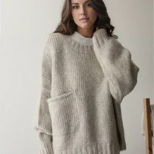 Pull oversize beige femme avec poche confortable