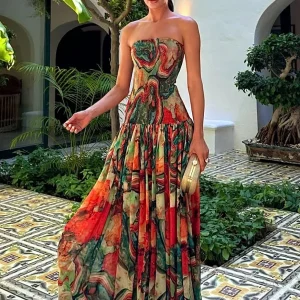 Robe longue buste dénudé imprimé multicolore femme