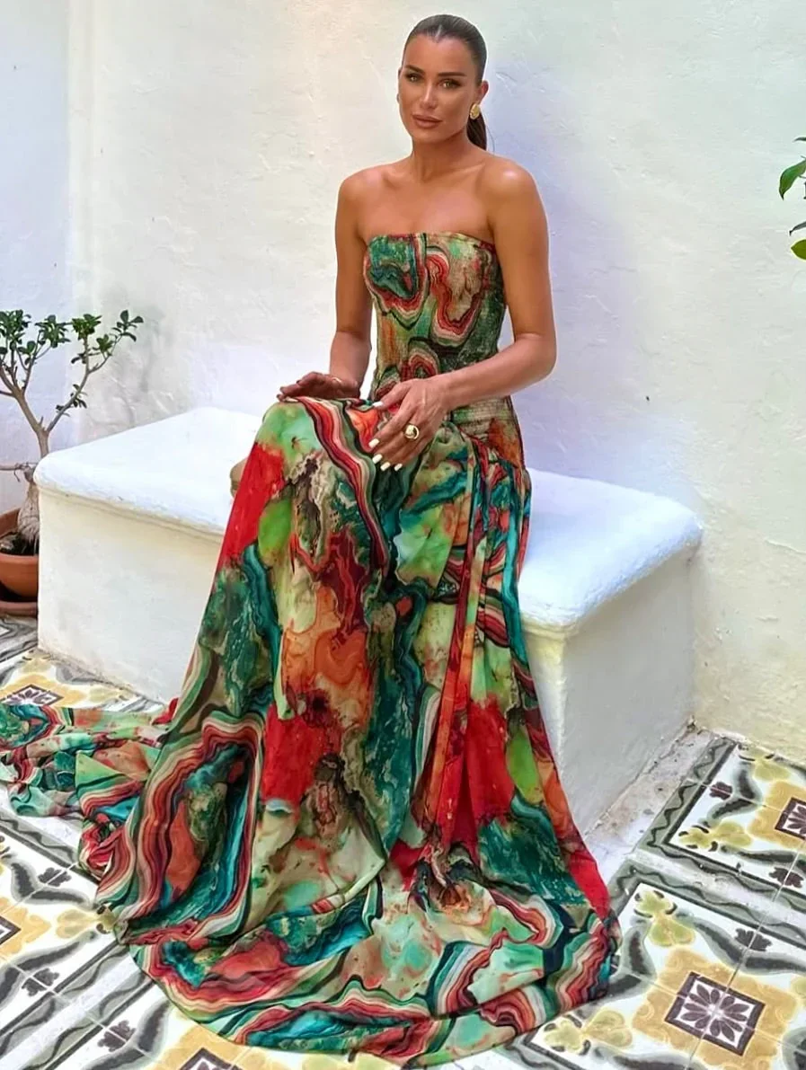 Robe longue buste dénudé imprimé multicolore femme – Image 4