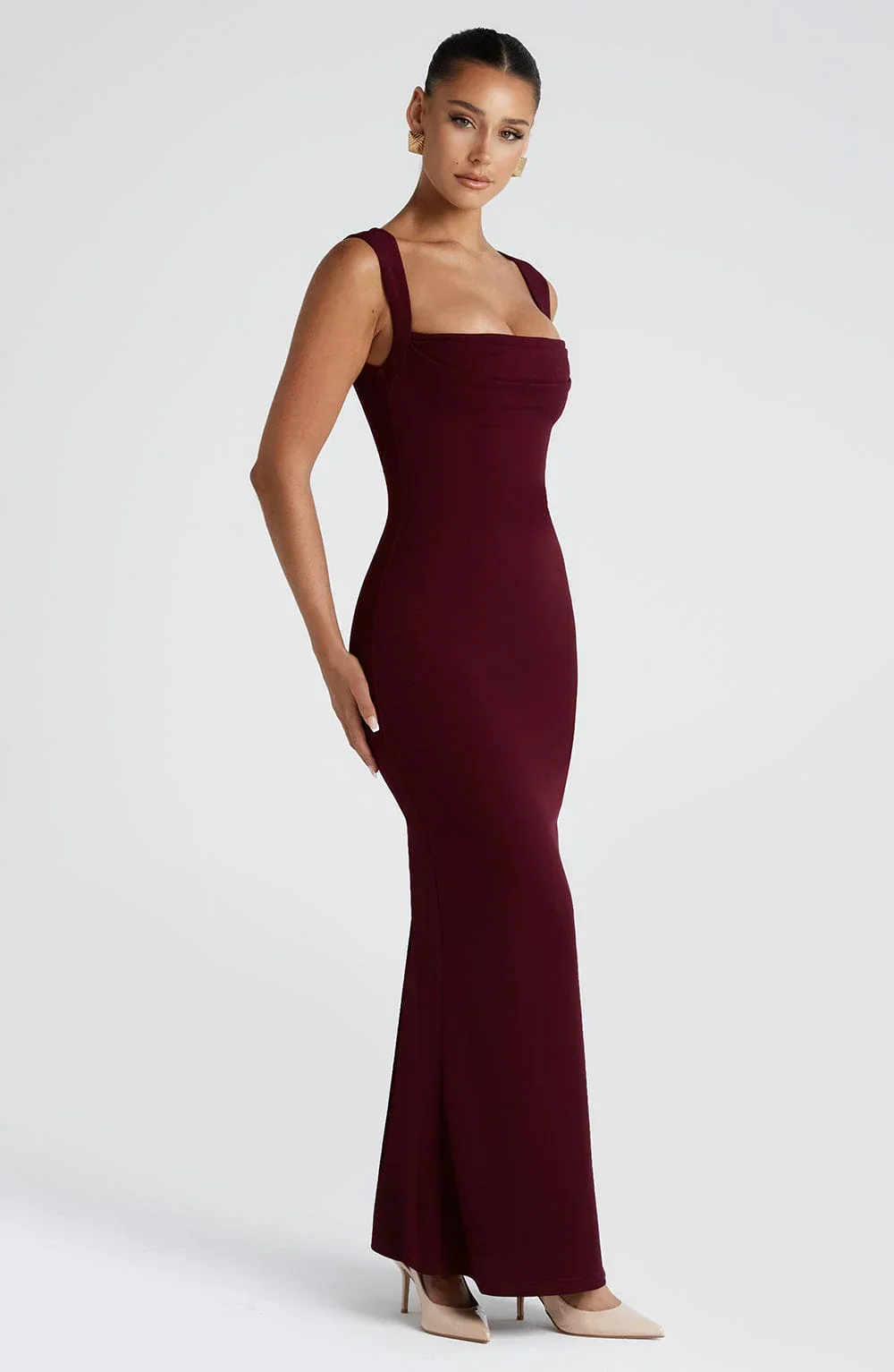 Robe longue femme bordeaux sans manches élégante – Image 7