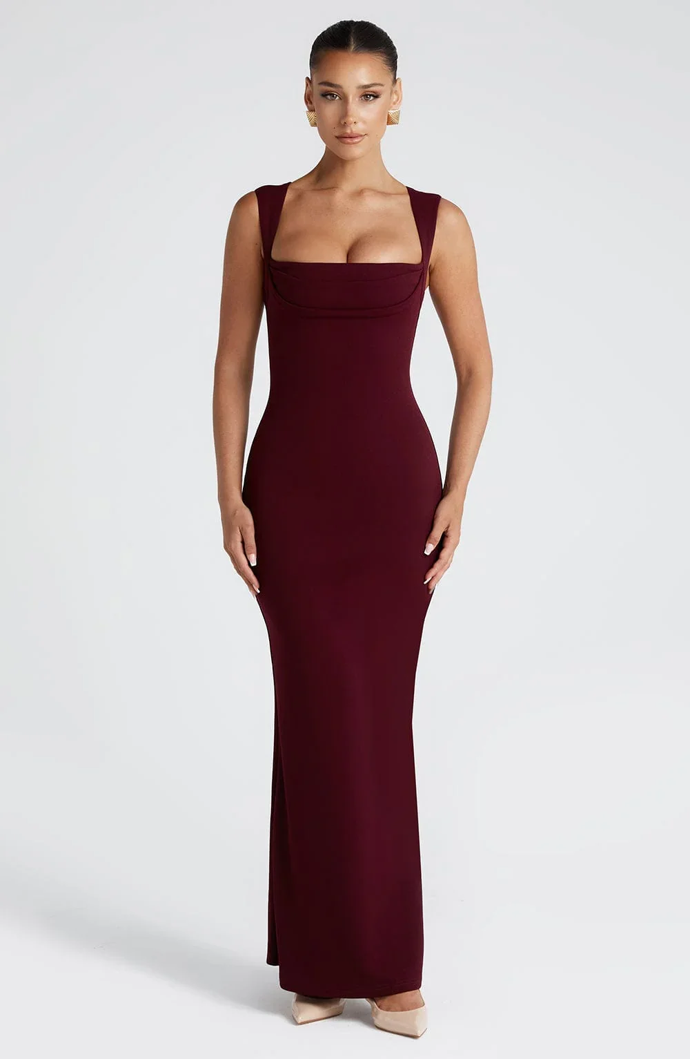 Robe longue femme bordeaux sans manches élégante – Image 5