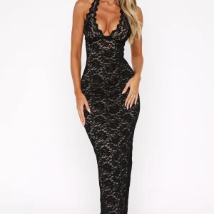 Robe longue femme en dentelle noire avec dos nu