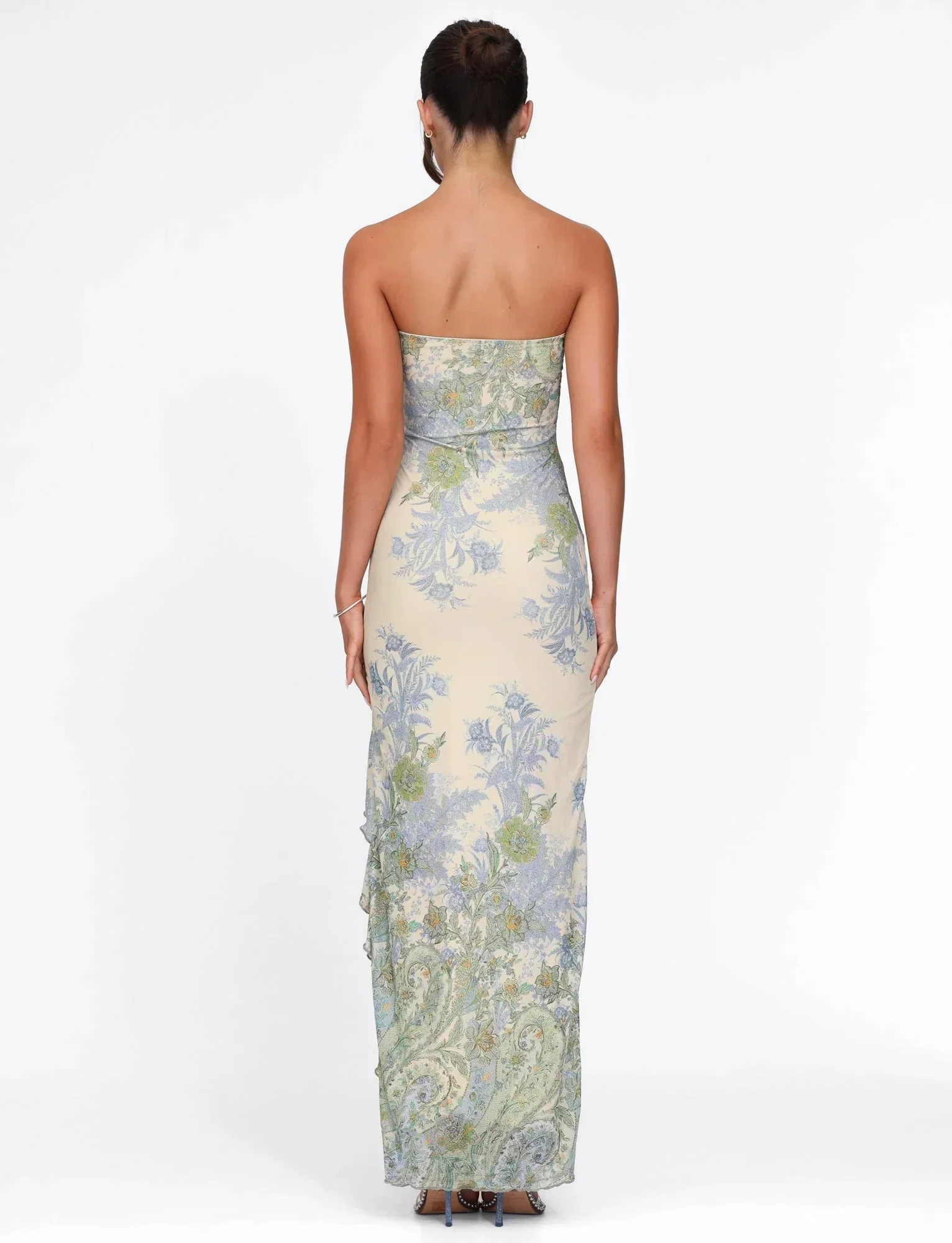 Robe longue sans bretelles motif floral avec fente – Image 5