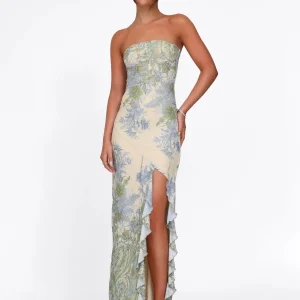 Robe longue sans bretelles motif floral avec fente